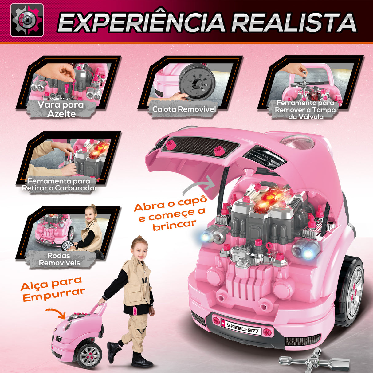 HOMCOM Motor de Caminhão para Crianças acima de 3 Anos Conjunto de Motor de Brinquedo com 61 Peças Volante Buzina Faróis Caixa de Armazenamento e Rodas 40x39x47 cm Rosa