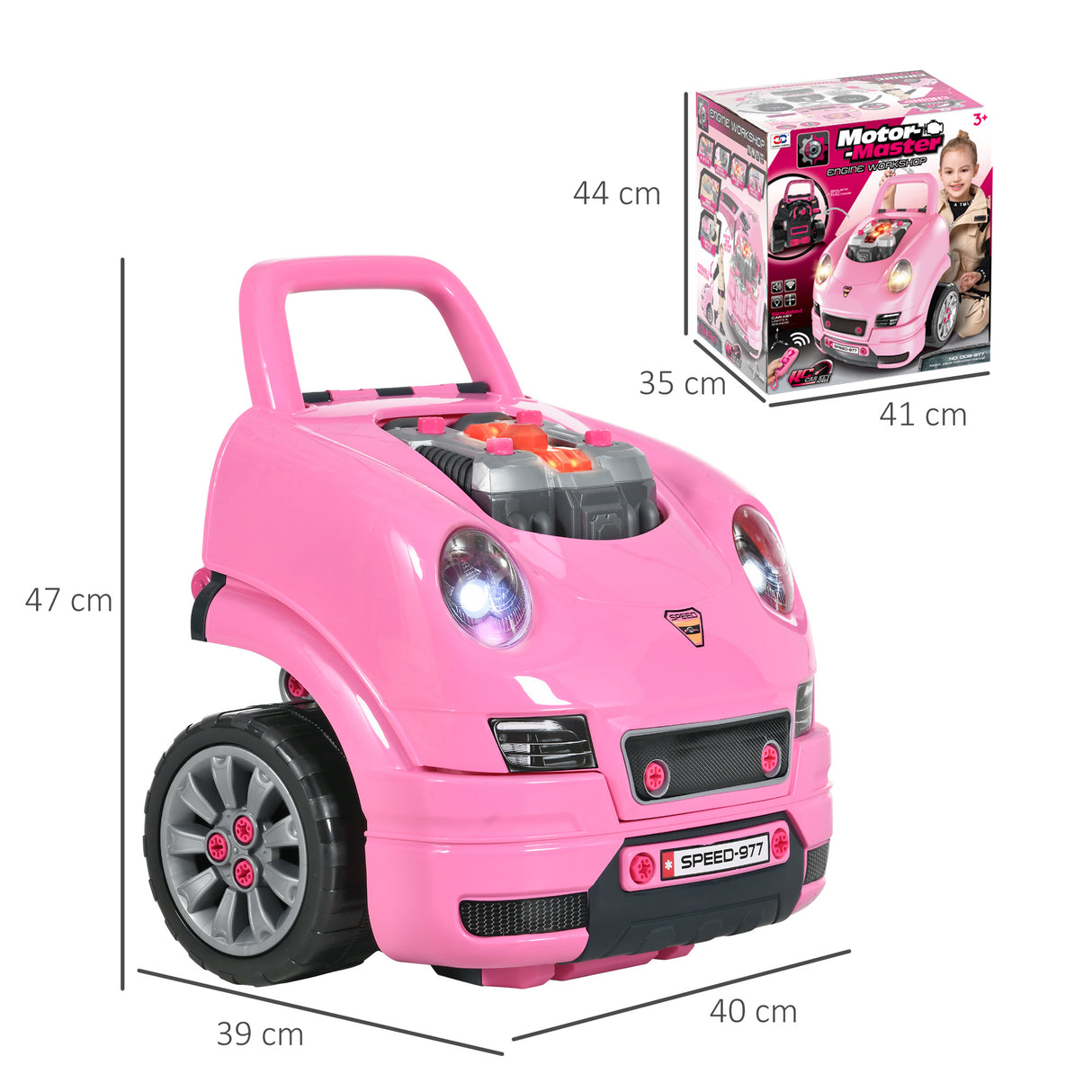 HOMCOM Motor de Caminhão para Crianças acima de 3 Anos Conjunto de Motor de Brinquedo com 61 Peças Volante Buzina Faróis Caixa de Armazenamento e Rodas 40x39x47 cm Rosa