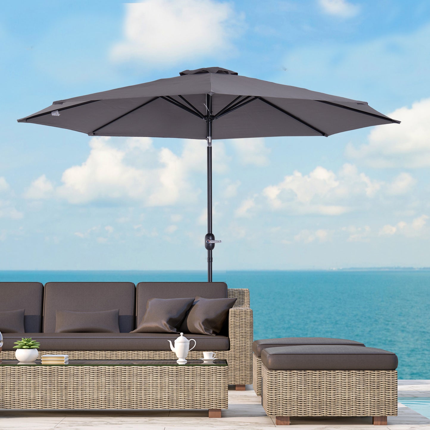 Outsunny Chapéu de Sol de Jardim Ø295x250cm com Manivela Chapéu de Sol Exterior com Mecanismo de Inclinação e Mastro Desmontável de Metal para Terraço Piscina Pátio Cinza Escuro