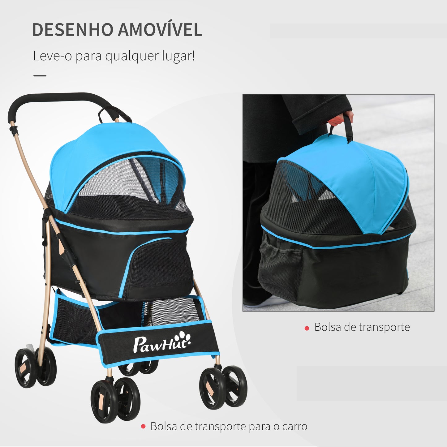 PawHut Carrinho para Animais de Estimação 3 em 1 Carrinho para Cães e Gatos Dobrável com Bolsa de Transporte Cesta de Armazenamento e Travão Tecido de Oxford 600D Carga Máxima 15kg 82x49,5x98cm Azul