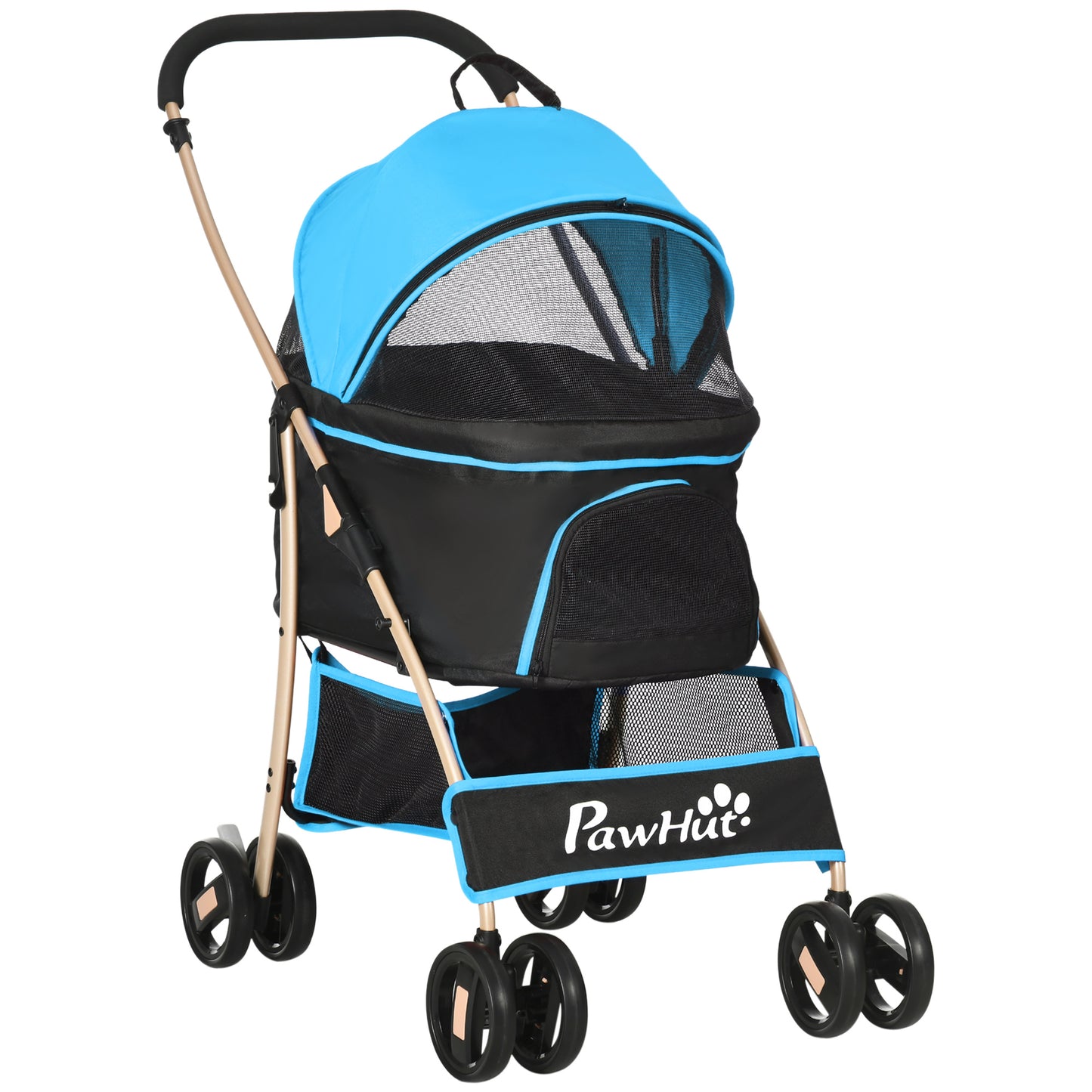 PawHut Carrinho para Animais de Estimação 3 em 1 Carrinho para Cães e Gatos Dobrável com Bolsa de Transporte Cesta de Armazenamento e Travão Tecido de Oxford 600D Carga Máxima 15kg 82x49,5x98cm Azul