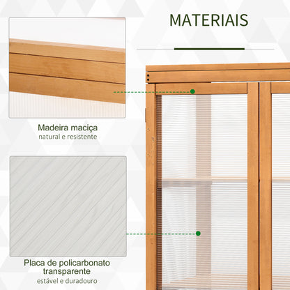 Outsunny Estufa de Jardim Estufa de Madeira e Painéis de Policarbonato com 3 Prateleiras Tampa e Portas para Plantas e Cultivos 76x47x110cm Madeira Natural