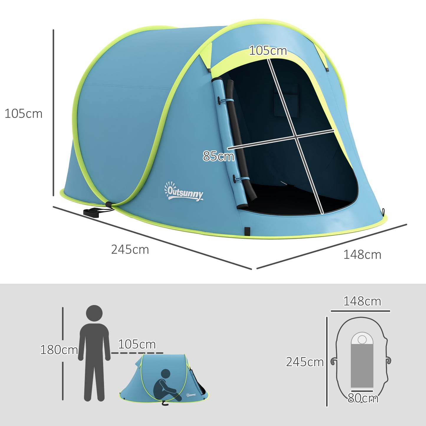 Outsunny Tenda de Campismo para 2-3 Pessoas Tenda de Campismo Impermeável de 2000 mm com Bolsa de Transporte para Campismo Pesca Trekking 245x148x105 cm Azul