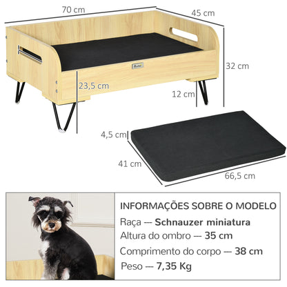 PawHut Sofá de Madeira para Cães Gatos Cama para Animais de Estimação Pequenos com Almofada Acolchoada Removível Alças e Pés Elevados de Aço 70x45x32cm Carvalho e Preto