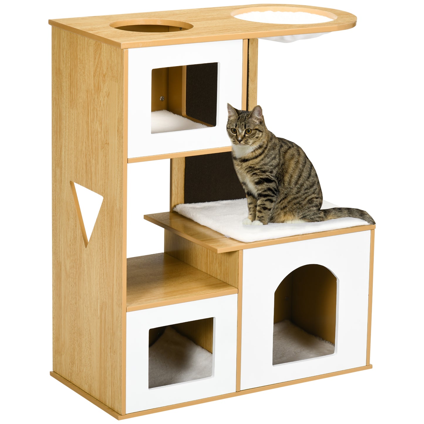 PawHut Casa para Gatos Altura 92,5cm Torre para Gatos com 3 Casas de Madeira Almofadas Laváveis Placa de Arranhar e Rede 76x37x92,5cm Carvalho