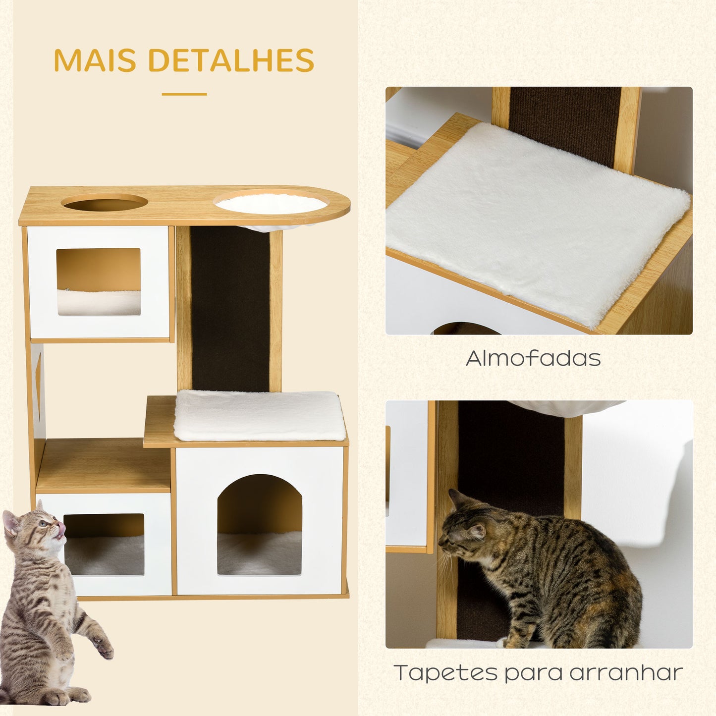 PawHut Casa para Gatos Altura 92,5cm Torre para Gatos com 3 Casas de Madeira Almofadas Laváveis Placa de Arranhar e Rede 76x37x92,5cm Carvalho