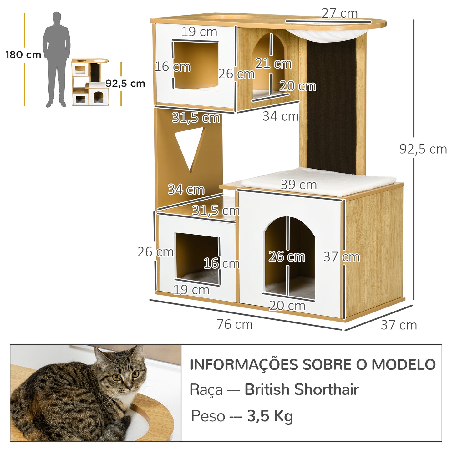 PawHut Casa para Gatos Altura 92,5cm Torre para Gatos com 3 Casas de Madeira Almofadas Laváveis Placa de Arranhar e Rede 76x37x92,5cm Carvalho