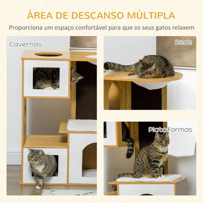 PawHut Casa para Gatos Altura 92,5cm Torre para Gatos com 3 Casas de Madeira Almofadas Laváveis Placa de Arranhar e Rede 76x37x92,5cm Carvalho