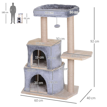 PawHut Arranhador para Gatos Árvore Arranhador para Gatos com 2 Casas Plataformas Brinquedo Suspenso e Postes de Arranhar de Sisal 60x40x92cm Cinza