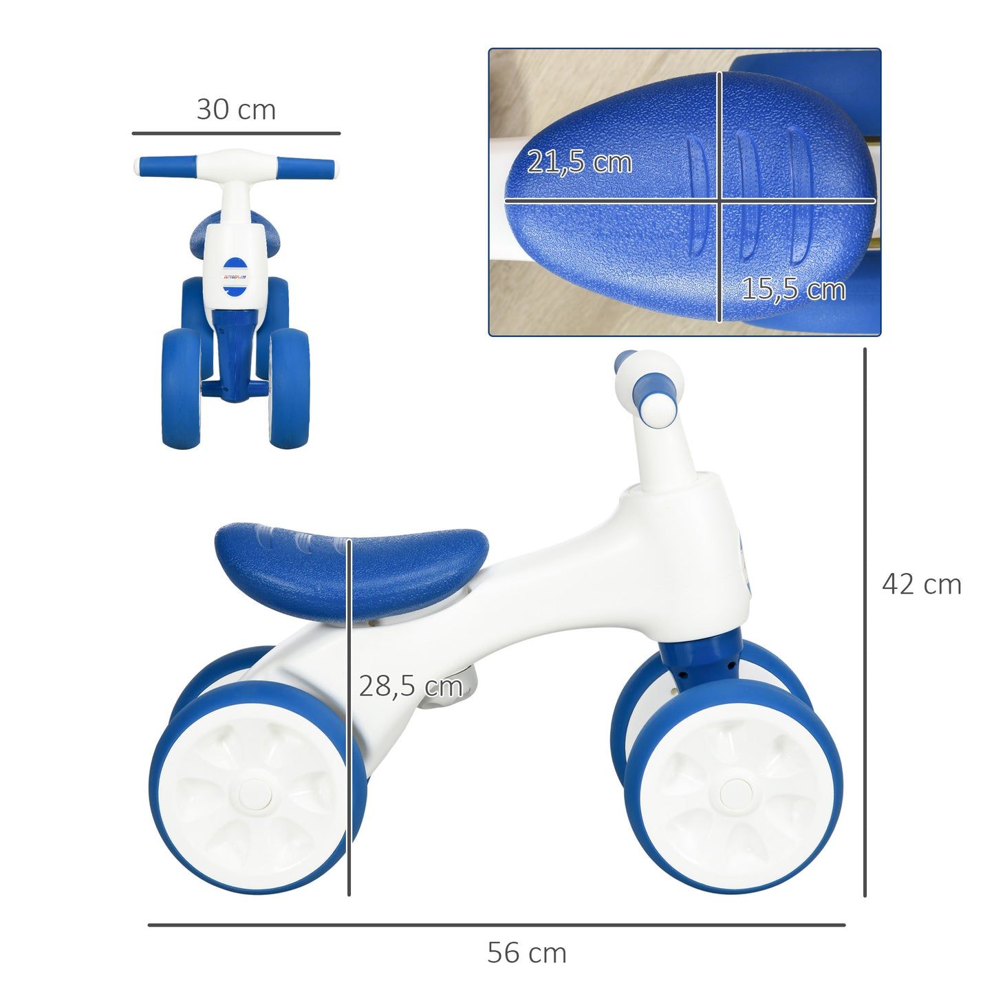 AIYAPLAY Bicicleta sem Pedais para Crianças de 18-36 Meses Carga 30 kg Bicicleta de Equilíbrio com Guiador Antiderrapante e 4 Rodas de Ø17 cm para Meninos e Meninas 56x30x42 cm Azul