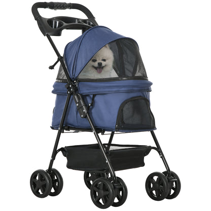 PawHut Carrinho para Cães Dobrável Carrinho para Cães Pequenos com Rodas Universáis Cesta de Armazenamento Correias de Segurança e Janelas 67x45x96 cm Azul Escuro