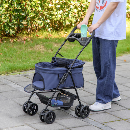 PawHut Carrinho para Cães Dobrável Carrinho para Cães Pequenos com Rodas Universáis Cesta de Armazenamento Correias de Segurança e Janelas 67x45x96 cm Azul Escuro