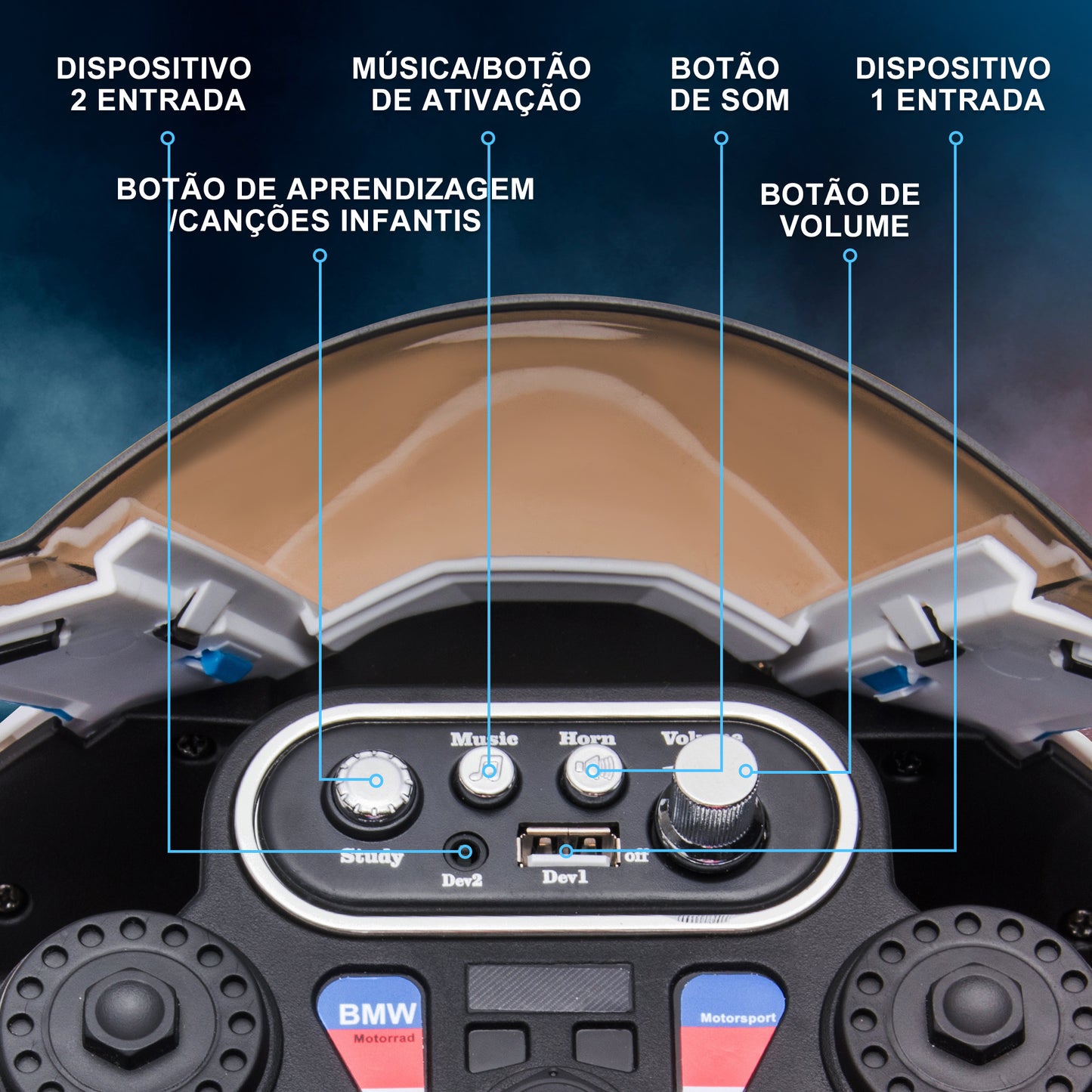 HOMCOM Mota Elétrica BMW HP4 para Crianças Acima de 18 Meses Mota de Bateria 6V com Música USB Velocidade 2,5km/h Avance e Retrocesso Carga Máxima 30kg 82,5x42x54cm Azul