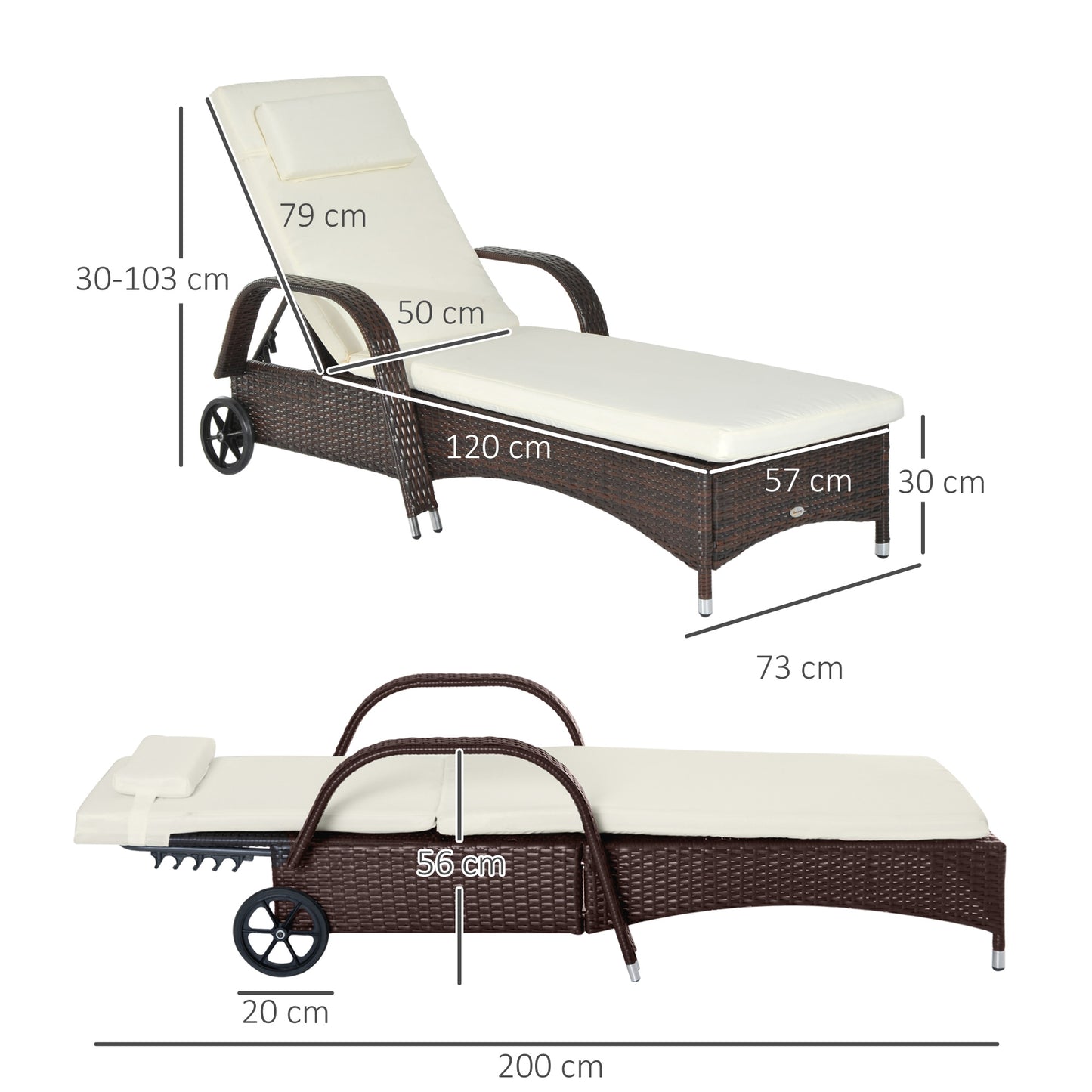 Outsunny Espreguiçadeira de Vime Jardim Espreguiçadeira com Encosto Ajustável em 5 Posições Almofadas Acolchoadas Apoio para a Cabeça e 2 Rodas 200x73x56-103cm Marrom e Bege