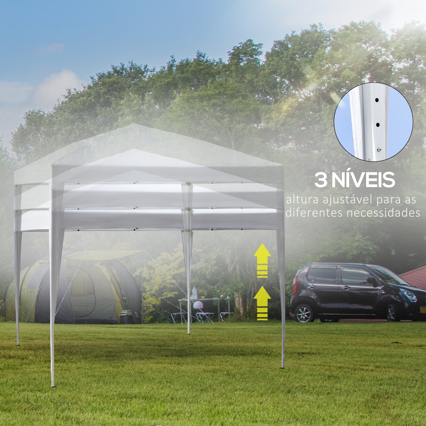 Outsunny Tenda Dobrável 2,95x2,95 cm com Bolsa de Transporte Altura Ajustável Anti-UV e Impermeável para Terraço Pátio e Praia Branco Prateado