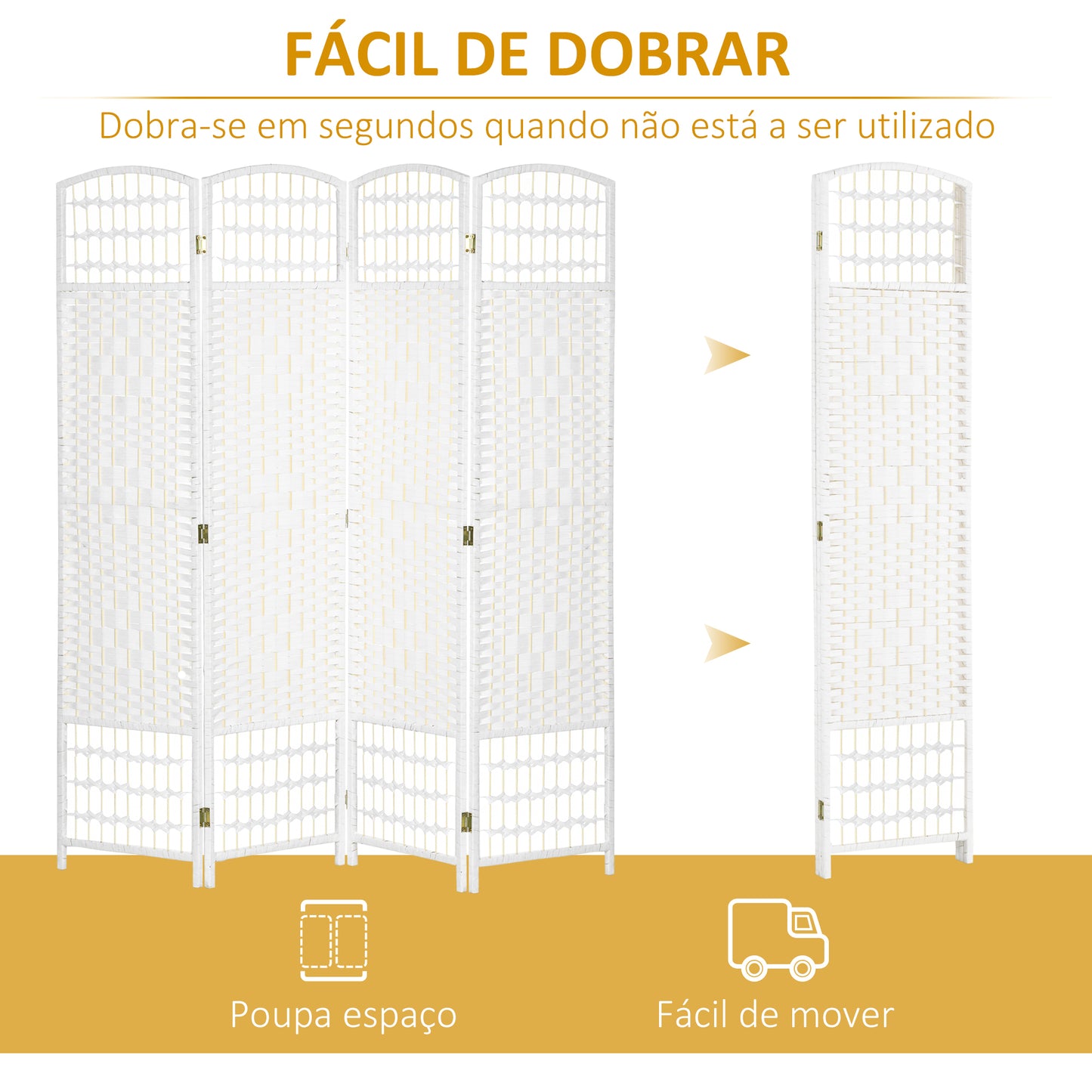 Biombo de 4 Painéis Separador de Ambientes 160x170 cm Divisor de Habitação Dobrável de Corda de Papel e Estrutura de Madeira Decoração para Dormitório Sala de Estar Branco