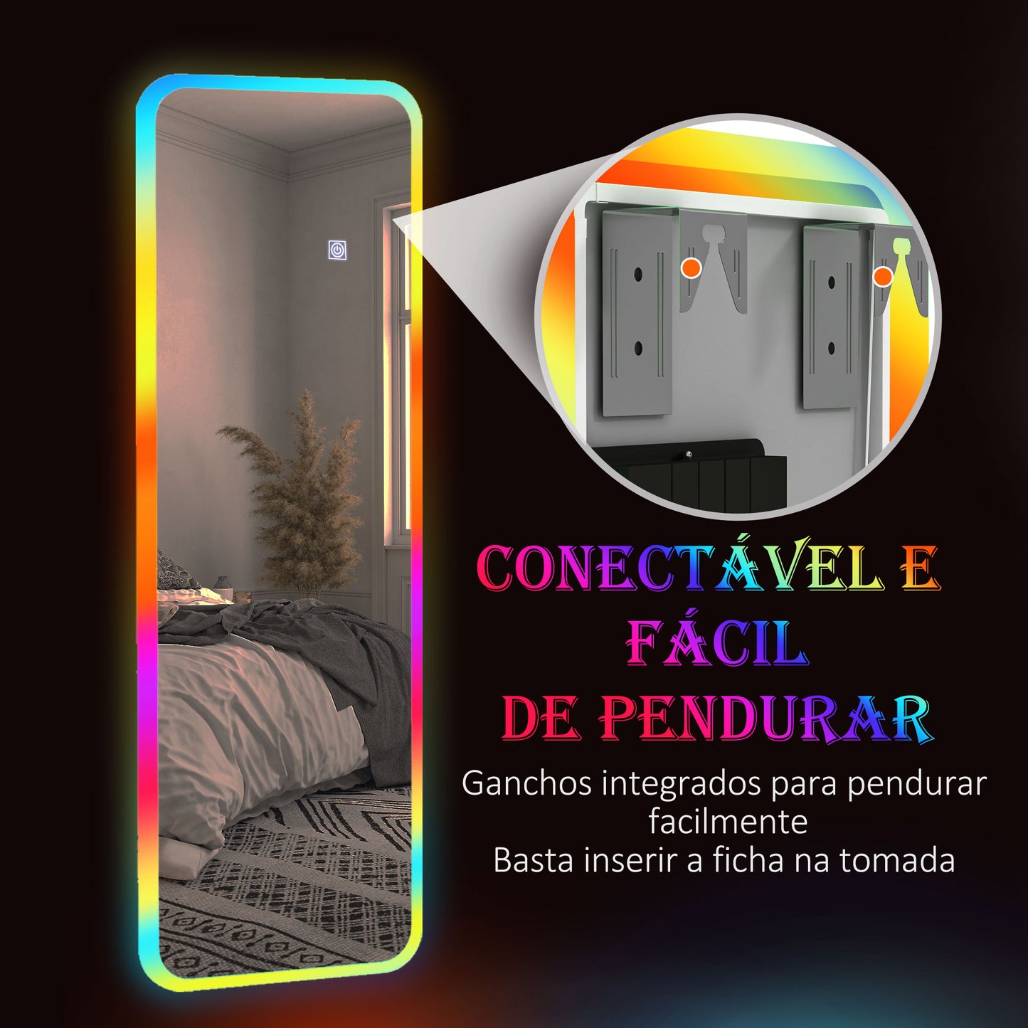 HOMCOM Espelho de Corpo Inteiro com Luzes LED 120x40 cm Espelho de Parede Ajustável com Iluminação em 7 Cores RGB e Função de Memória para Dormitório Prata