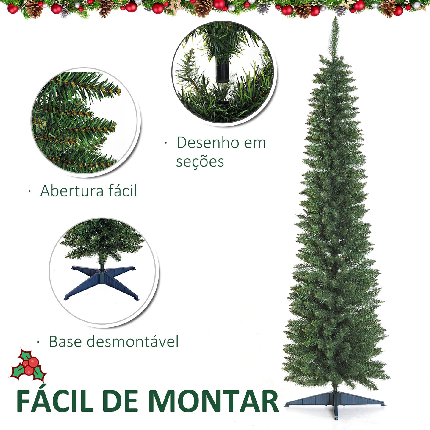 HOMCOM Árvore de Natal Artificial 210cm Ignífugo com 499 Pontas de Ramo PVC e Suporte de Metal Decoração de Natal para Interiores Fácil de Montar Verde