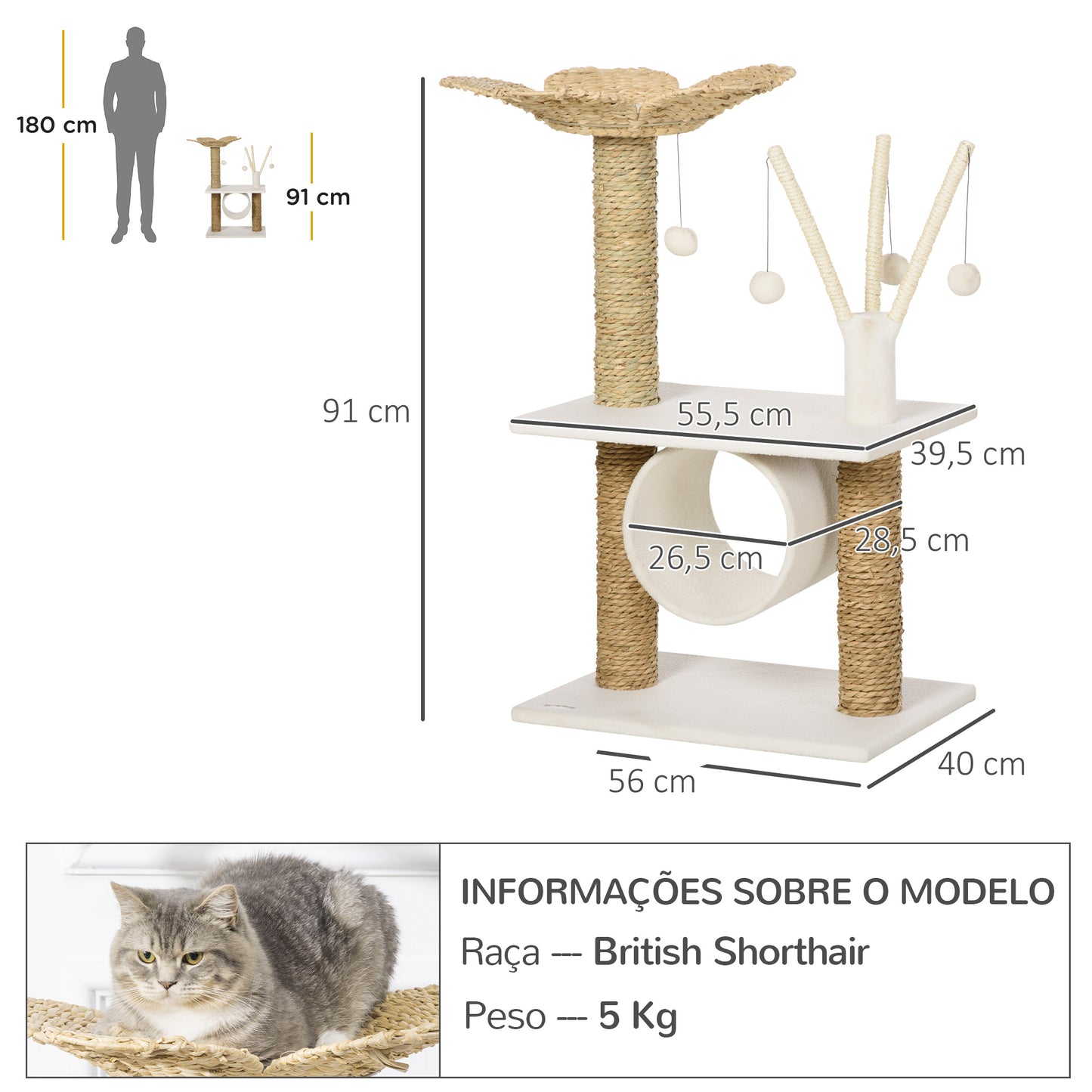 PawHut Árvore Arranhador para Gatos Médios Altura 91cm Torre para Gatos com Cama em Forma de Flor Plataformas Postes de Arranhar Túnel e Bolas Suspensas 56x40x91cm Branco e Bege