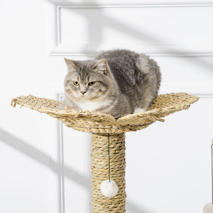 PawHut Árvore Arranhador para Gatos Médios Altura 91cm Torre para Gatos com Cama em Forma de Flor Plataformas Postes de Arranhar Túnel e Bolas Suspensas 56x40x91cm Branco e Bege