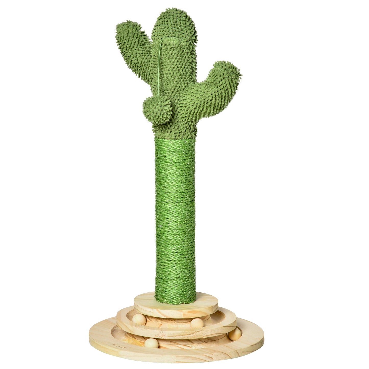 PawHut Poste Arranhador para Gatos em Forma de Cactus Pequena Árvore Arranhadora para Gatos com Poste de Sisal e Pelúcia Bola Suspensa e Base com Brinquedo de Madeira 32x32x60cm Verde