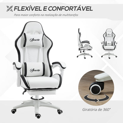 Cadeira Gaming Cadeira Gamer Racing de Couro PU com Altura Ajustável Reclinável 135° Apoio para a Cabeça e Apoio para os Pés Retrátil para Escritório Estúdio 65x65x121-129 cm Branco e Preto