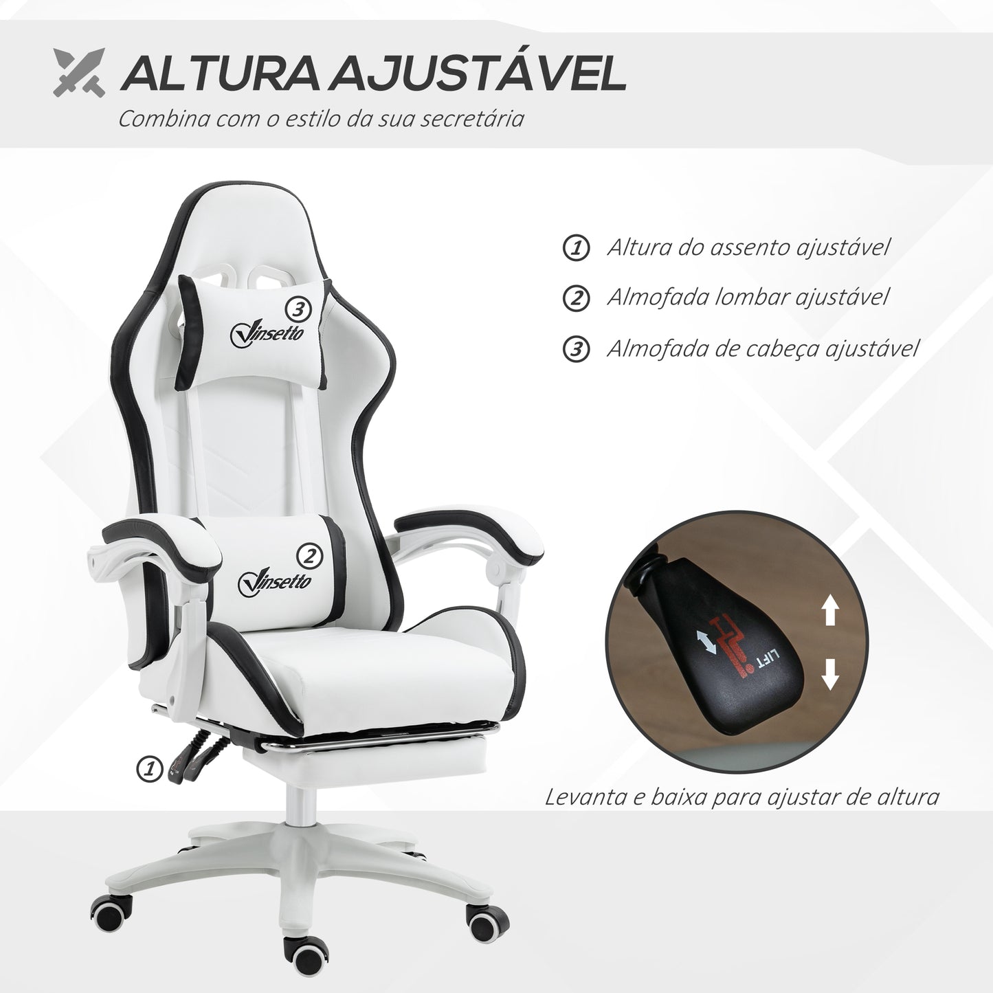 Cadeira Gaming Cadeira Gamer Racing de Couro PU com Altura Ajustável Reclinável 135° Apoio para a Cabeça e Apoio para os Pés Retrátil para Escritório Estúdio 65x65x121-129 cm Branco e Preto