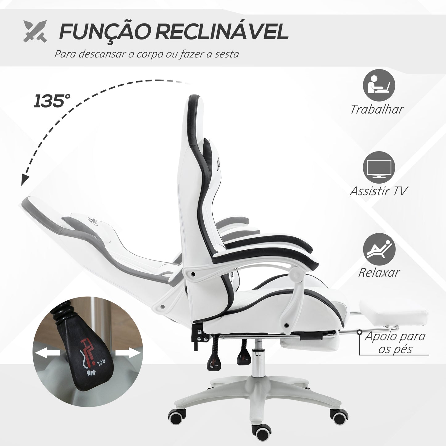 Cadeira Gaming Cadeira Gamer Racing de Couro PU com Altura Ajustável Reclinável 135° Apoio para a Cabeça e Apoio para os Pés Retrátil para Escritório Estúdio 65x65x121-129 cm Branco e Preto