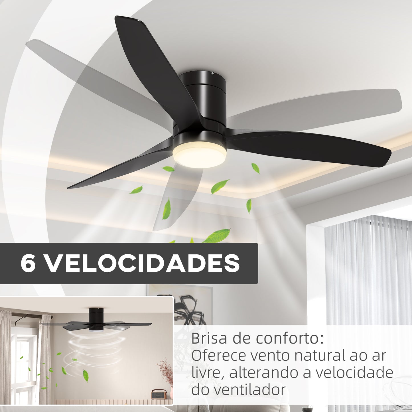 HOMCOM Ventoinha de Teto com Luz 46W Ventoinha de Teto Silencioso Ø132 cm com 3 Lâminas Reversíveis Controlo Remoto 6 Velocidades e Temporizador para Quarto Sala Preto