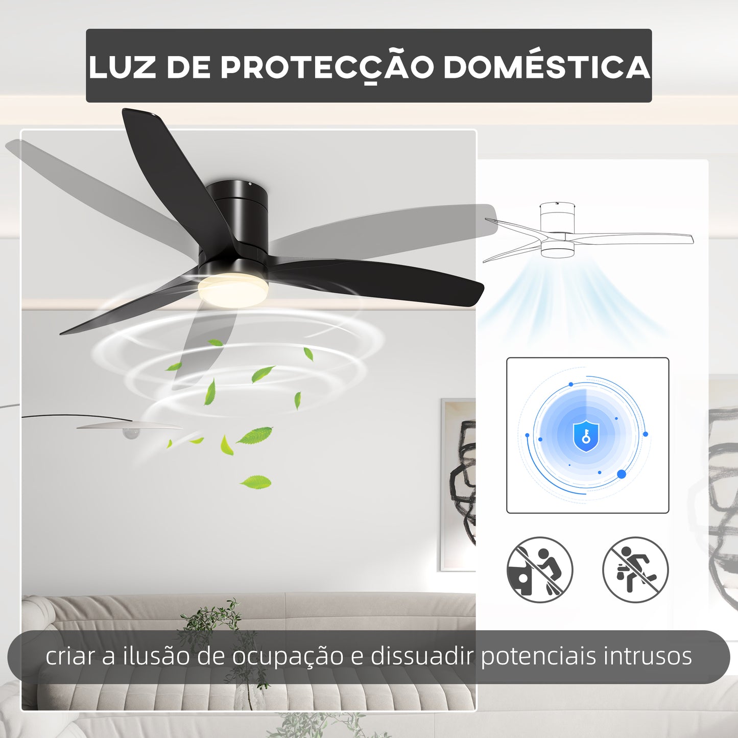 HOMCOM Ventoinha de Teto com Luz 46W Ventoinha de Teto Silencioso Ø132 cm com 3 Lâminas Reversíveis Controlo Remoto 6 Velocidades e Temporizador para Quarto Sala Preto