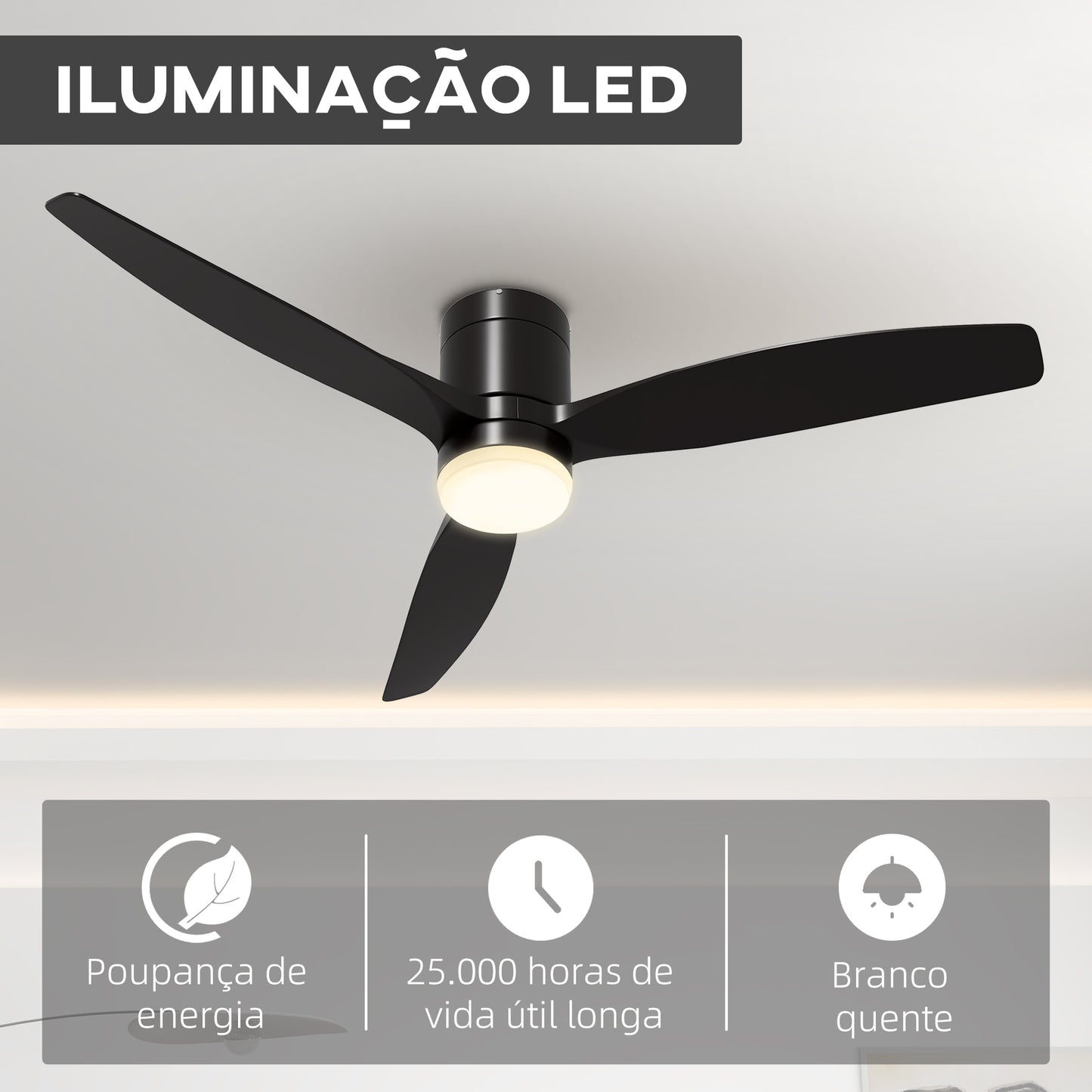 HOMCOM Ventoinha de Teto com Luz 46W Ventoinha de Teto Silencioso Ø132 cm com 3 Lâminas Reversíveis Controlo Remoto 6 Velocidades e Temporizador para Quarto Sala Preto