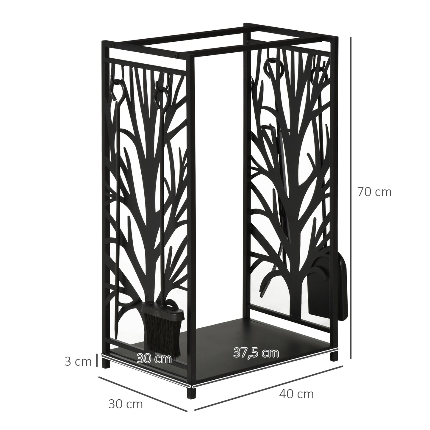 HOMCOM Suporte para Lenhas Suporte de Armazenamento para Lenhas 46x30x70 cm Suporte para Lenhas com 4 Ferramentas para Interior e Exterior Preto