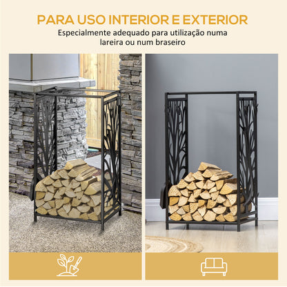 HOMCOM Suporte para Lenhas Suporte de Armazenamento para Lenhas 46x30x70 cm Suporte para Lenhas com 4 Ferramentas para Interior e Exterior Preto