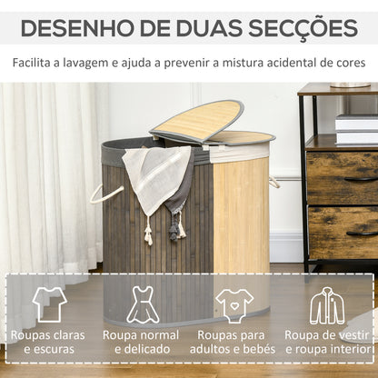 HOMCOM Cesto de Roupa Suja de Bambu Capacidade de 100L Cesto para Roupa Suja com Tampa Rebatível e Bolsa com 2 Compartimentos Amovível 62,5x37x60,5cm Cinza e Madeira