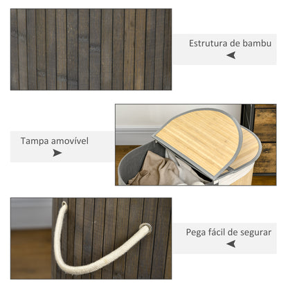 HOMCOM Cesto de Roupa Suja de Bambu Capacidade de 100L Cesto para Roupa Suja com Tampa Rebatível e Bolsa com 2 Compartimentos Amovível 62,5x37x60,5cm Cinza e Madeira