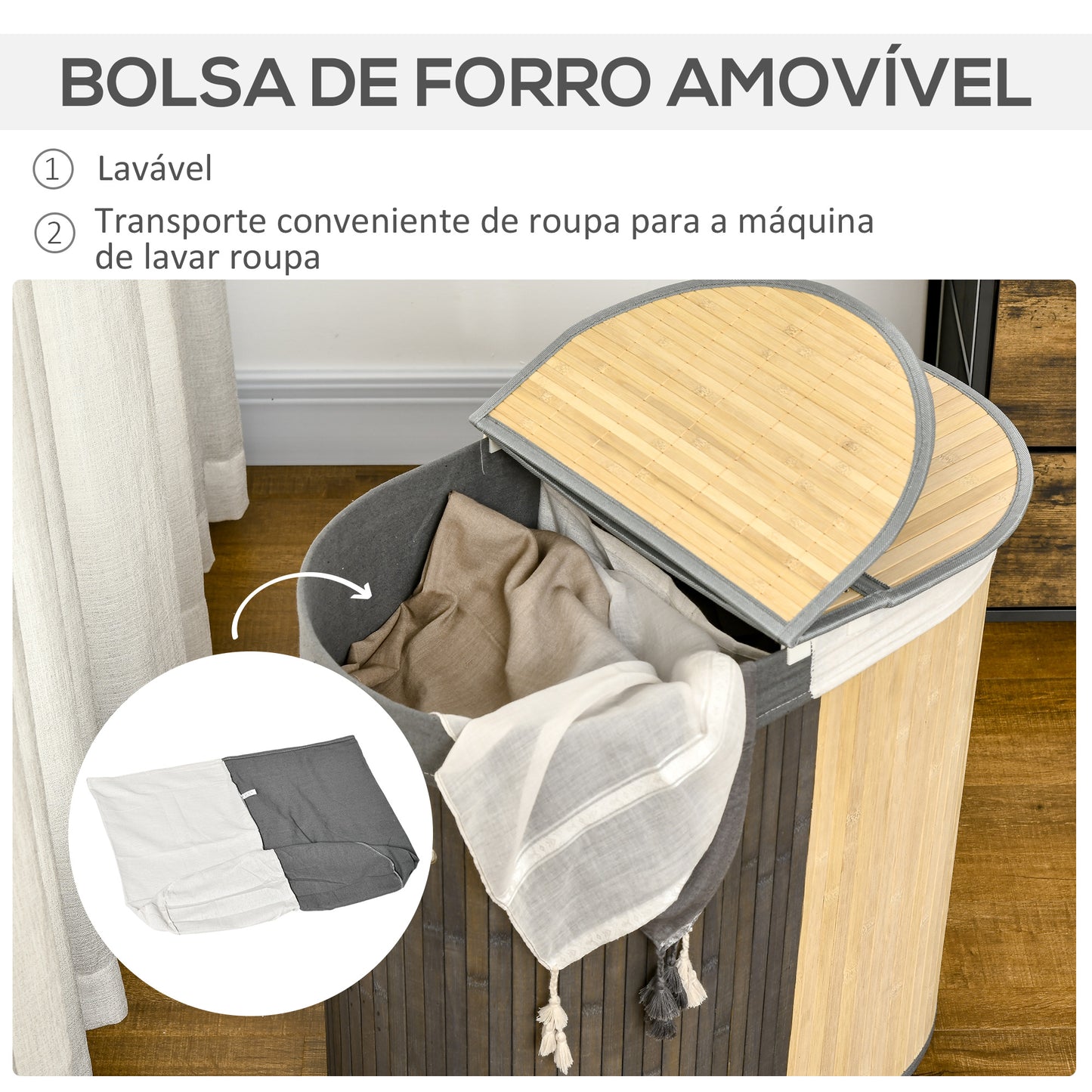 HOMCOM Cesto de Roupa Suja de Bambu Capacidade de 100L Cesto para Roupa Suja com Tampa Rebatível e Bolsa com 2 Compartimentos Amovível 62,5x37x60,5cm Cinza e Madeira