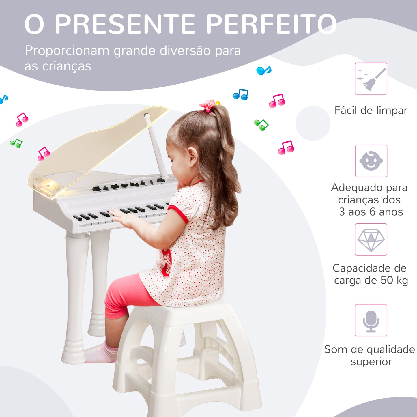 AIYAPLAY Piano Eletrónico para Crianças com 32 Teclas Piano com Microfone Banco Luzes 22 Músicas 4 Tons Pés Amovíveis e Volume Ajustável 37x30,5x60,4 cm Branco