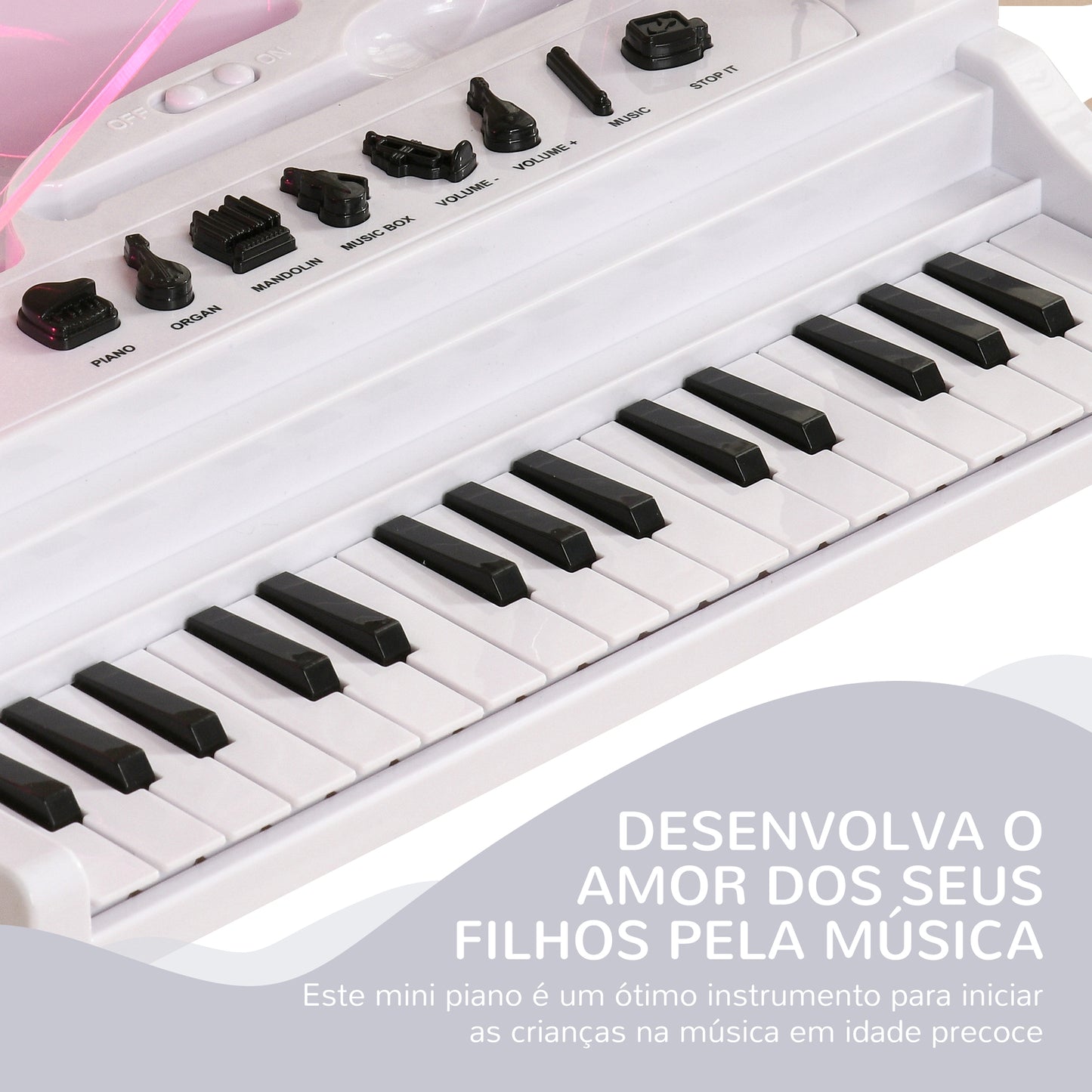 AIYAPLAY Piano Eletrónico para Crianças com 32 Teclas Piano com Microfone Banco Luzes 22 Músicas 4 Tons Pés Amovíveis e Volume Ajustável 37x30,5x60,4 cm Branco