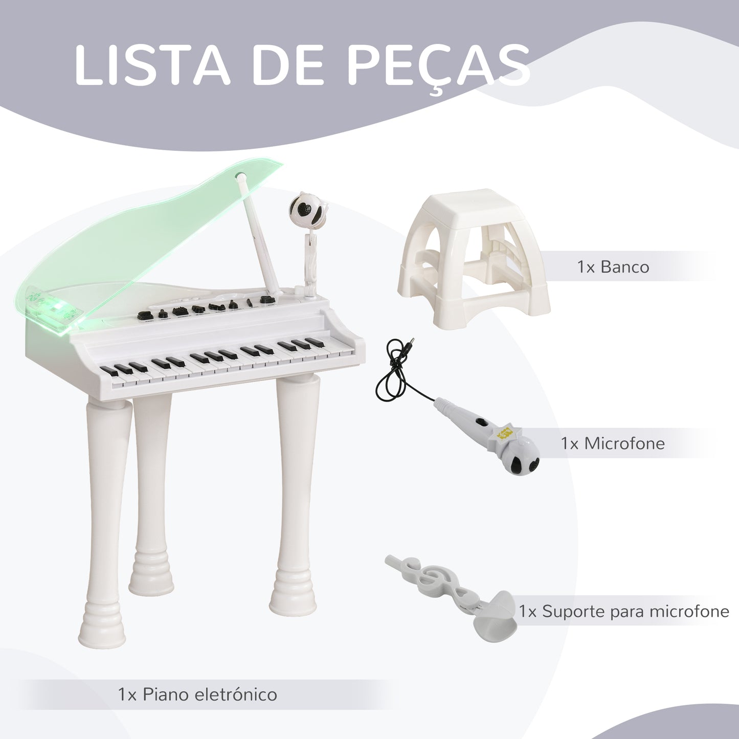 AIYAPLAY Piano Eletrónico para Crianças com 32 Teclas Piano com Microfone Banco Luzes 22 Músicas 4 Tons Pés Amovíveis e Volume Ajustável 37x30,5x60,4 cm Branco