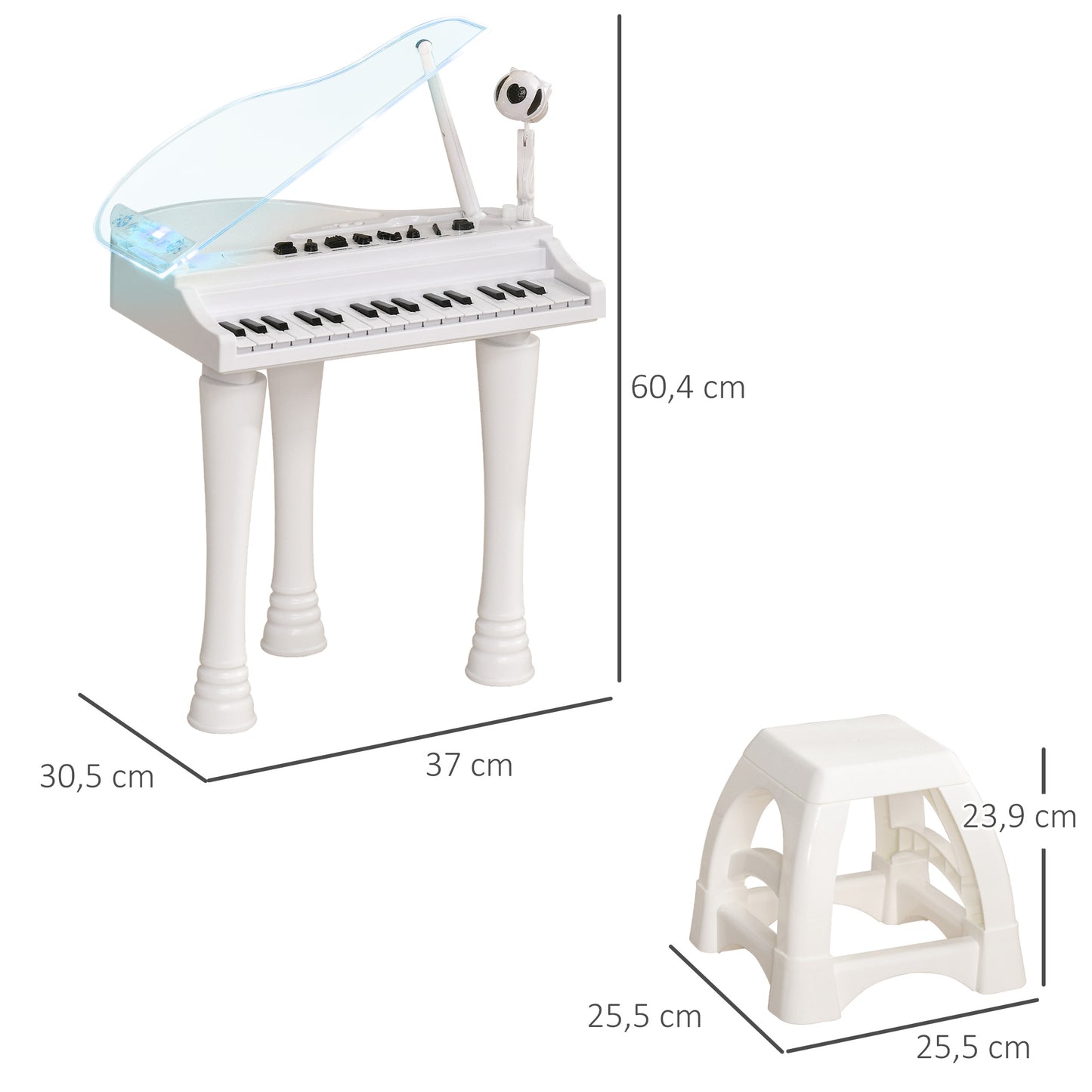 AIYAPLAY Piano Eletrónico para Crianças com 32 Teclas Piano com Microfone Banco Luzes 22 Músicas 4 Tons Pés Amovíveis e Volume Ajustável 37x30,5x60,4 cm Branco