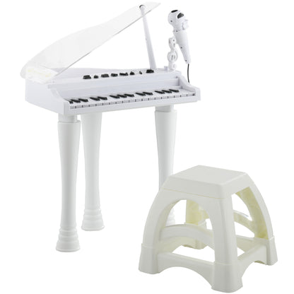 AIYAPLAY Piano Eletrónico para Crianças com 32 Teclas Piano com Microfone Banco Luzes 22 Músicas 4 Tons Pés Amovíveis e Volume Ajustável 37x30,5x60,4 cm Branco