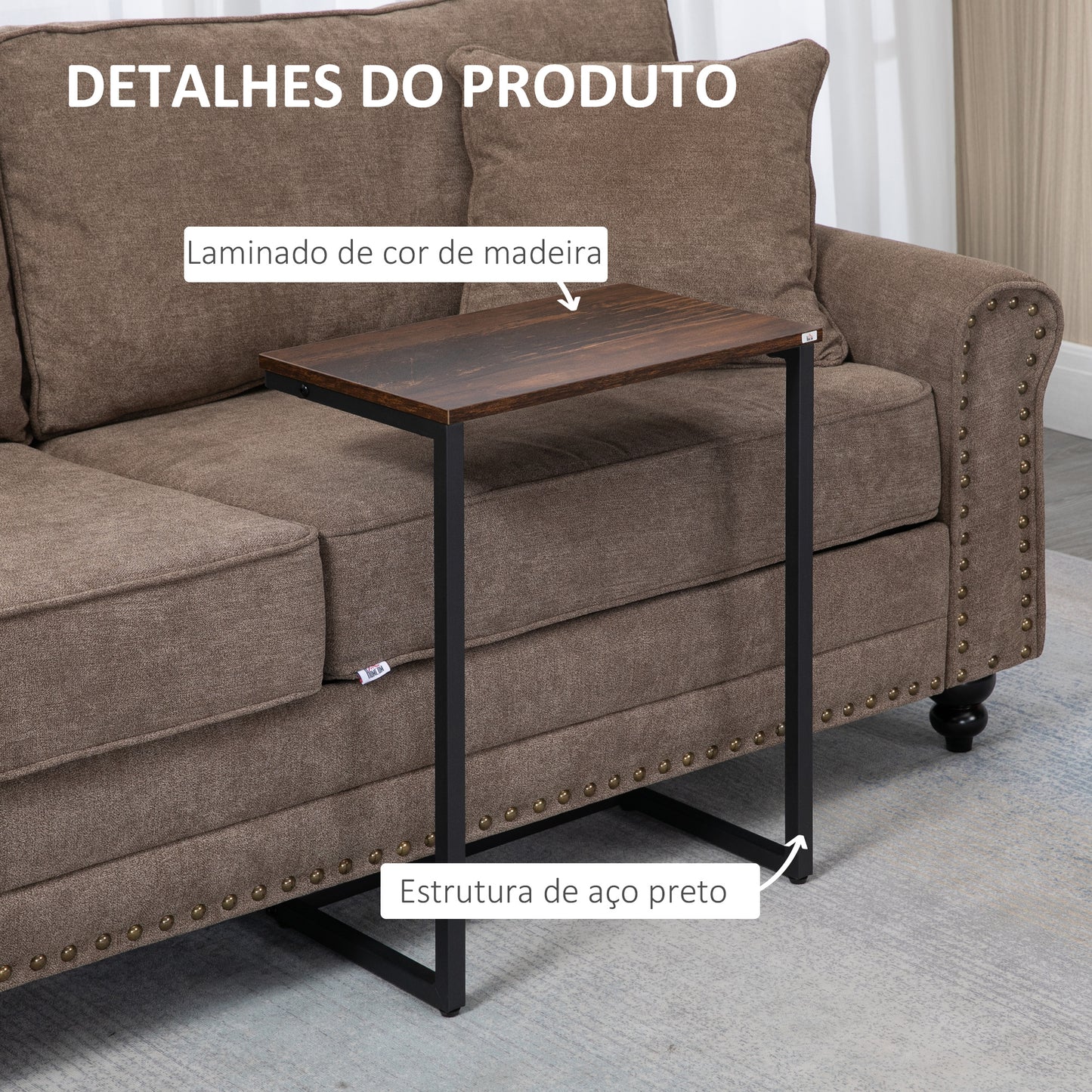 HOMCOM Conjunto de 3 Mesas Auxiliares em Forma de C Mesas de Estilo Industrial com Pés de Aço para Sala de Estar Dormitório Escritório 45x30x60cm 40x28x56cm e 34x25x50cm Marrom Rústico