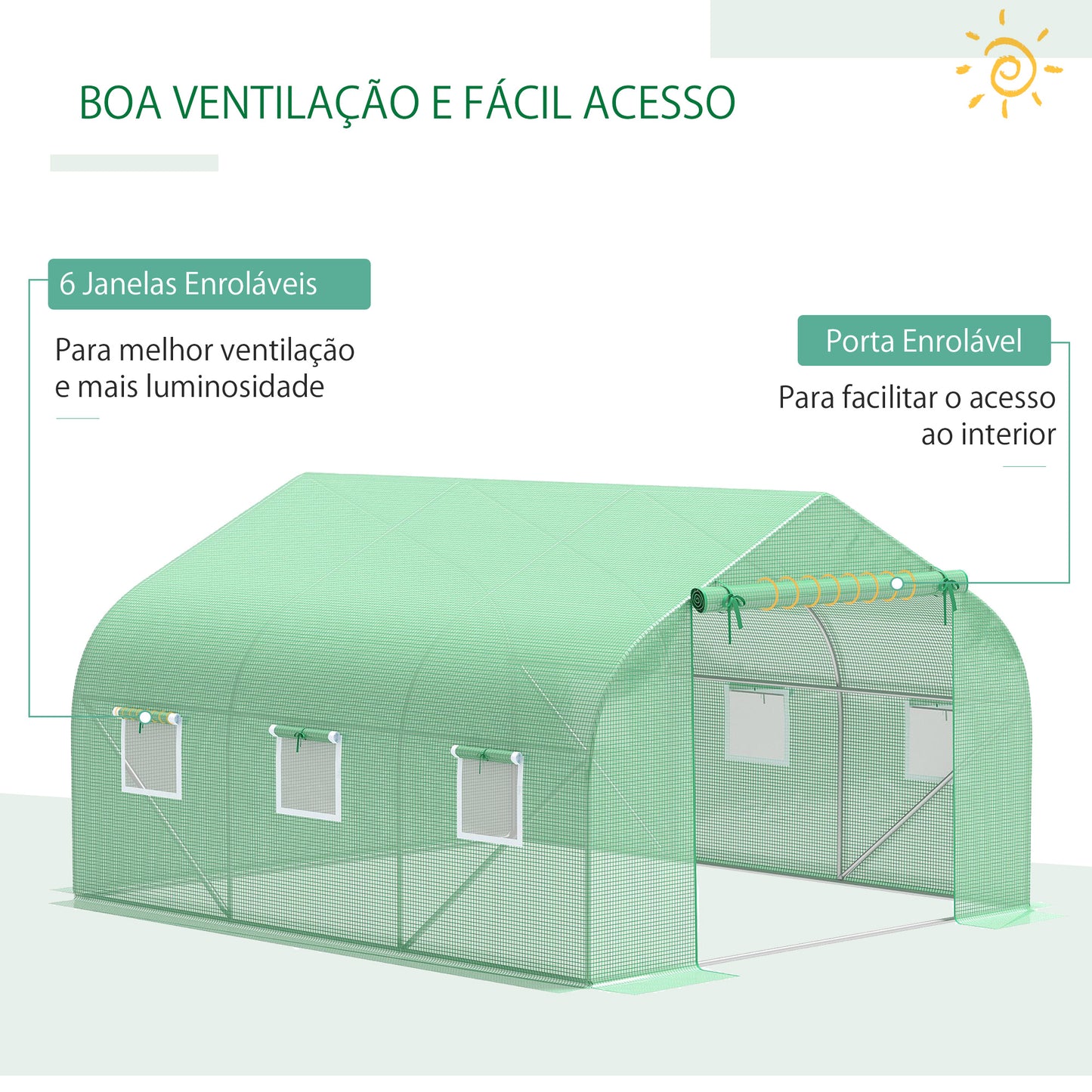 Outsunny Cobertura de Estufa de Túnel 3,5x3x2m Cobertura de Substituição de Estufa Polietileno com 6 Janelas e Portas Enroláveis Proteção de Plantas para Jardim Verde