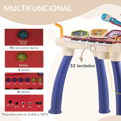 AIYAPLAY Piano Eletrónico para Crianças com 32 Teclas Piano Infantil 2 em 1 com Microfone Banco Luzes 19 Músicas Bateria e Volume Ajustável 74x32,2x71 cm Multicor