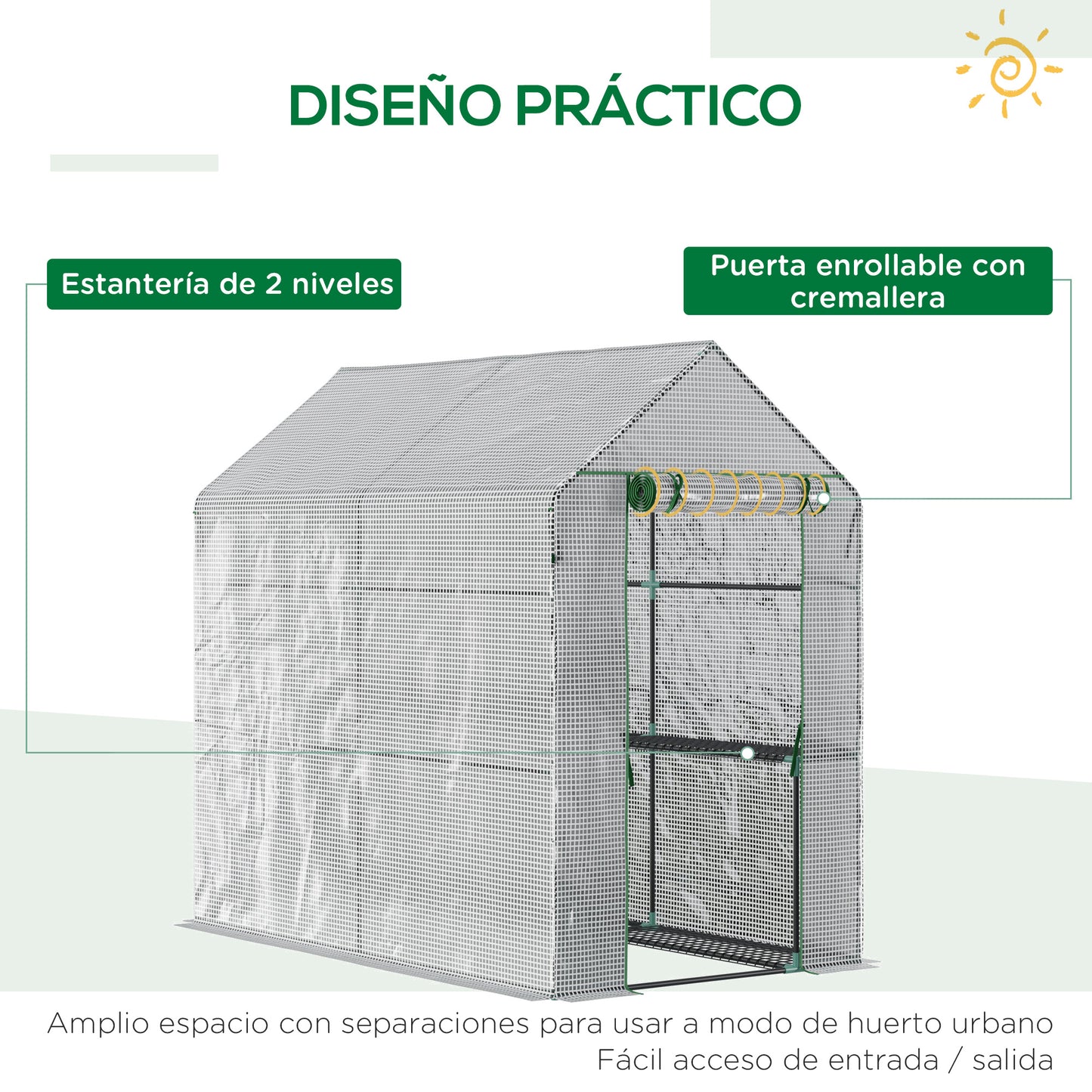 Outsunny Estufa de Jardim Estufa Caseira com 4 Prateleiras Porta Enrolável Cobertura de PE 140g/m² e Estrutura de Aço para Cultivos de Plantas Flores 120x186x190cm Branco