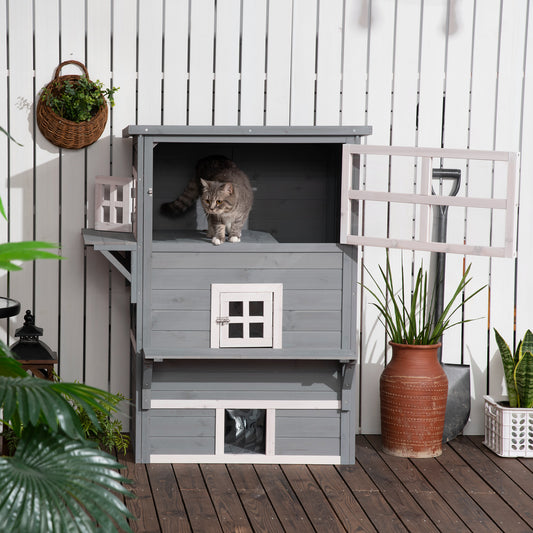 PawHut Casa para Gatos de Madeira Exterior Casa Grande para Gatos de 3 Andares com Múltiplas Entradas Janelas e 2 Plataformas para Terraço Balcão Jardim 98x68,5x122cm Cinza