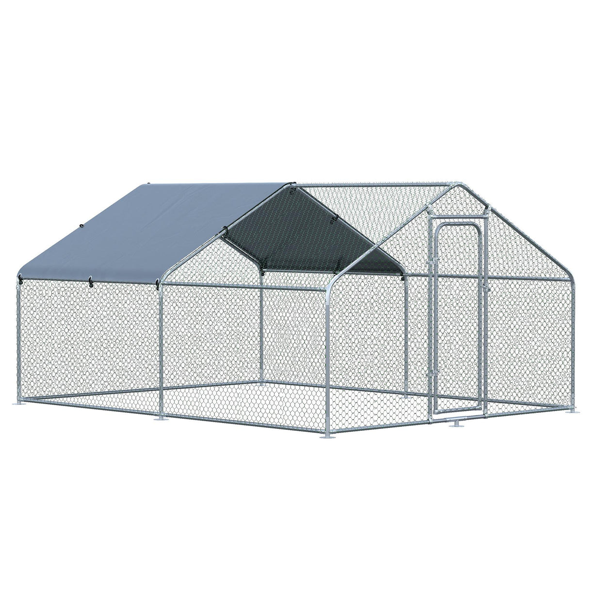 PawHut Galinheiro de Exterior Grande de Metal Galvanizado 3x4x1,95 m Gaiola para Galinhas Coelhos com Porta e Cobertura de Tecido de Oxford Resistente aos Raios UV Prata