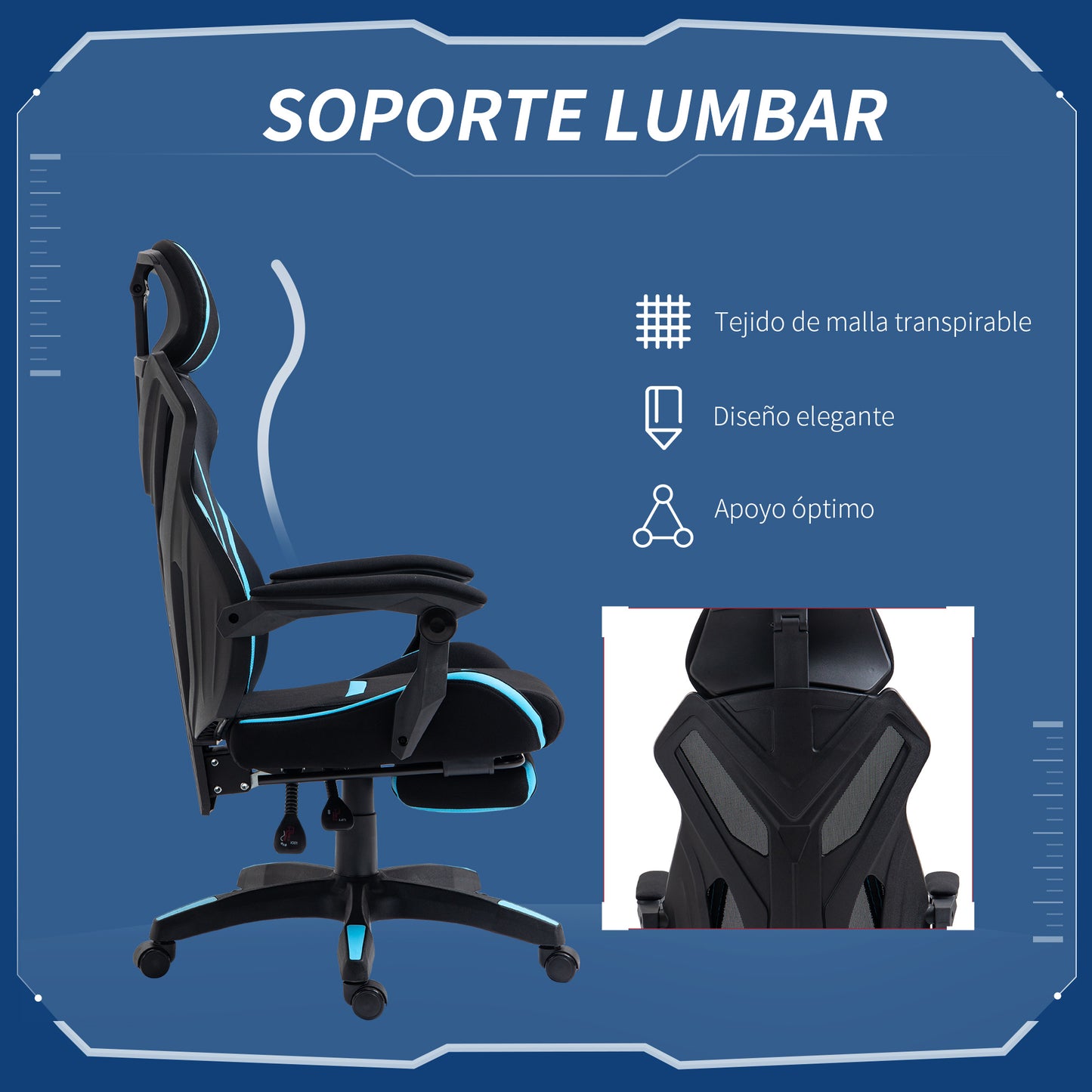 Vinsetto Cadeira de Gaming com Apoio para os Pés Retrátil Cadeira de Escritório Reclinável com Apoio para a Cabeça e Altura Ajustável 65x65x119-129cm Preto e Azul