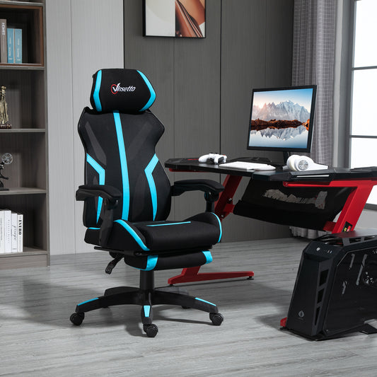 Vinsetto Cadeira de Gaming com Apoio para os Pés Retrátil Cadeira de Escritório Reclinável com Apoio para a Cabeça e Altura Ajustável 65x65x119-129cm Preto e Azul