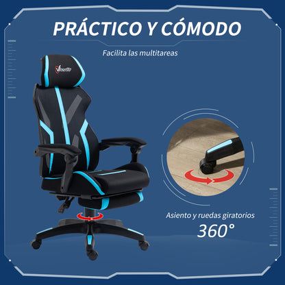 Vinsetto Cadeira de Gaming com Apoio para os Pés Retrátil Cadeira de Escritório Reclinável com Apoio para a Cabeça e Altura Ajustável 65x65x119-129cm Preto e Azul